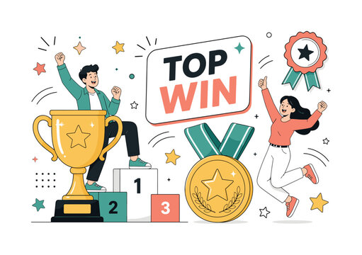 Champion Trophy Awards. Clean editorial banner scene with two happy winners and an oversized gold trophy cup beside an oversized award medal, ribbon badge, star sparkles, podium block, and victory