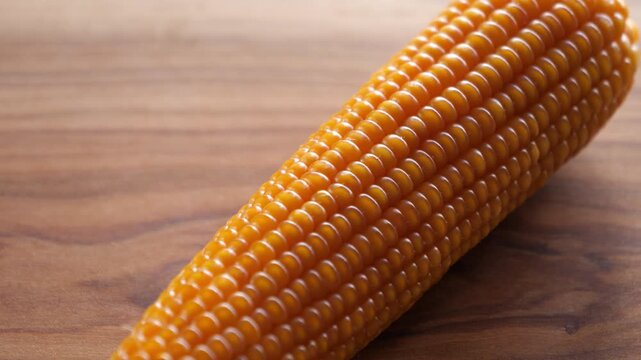 Corncob for sowing. Corn cob on the wooden cutting board camera rotation video with copy space