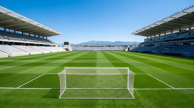 Empty soccer stadium with green grass pitch and goal post
