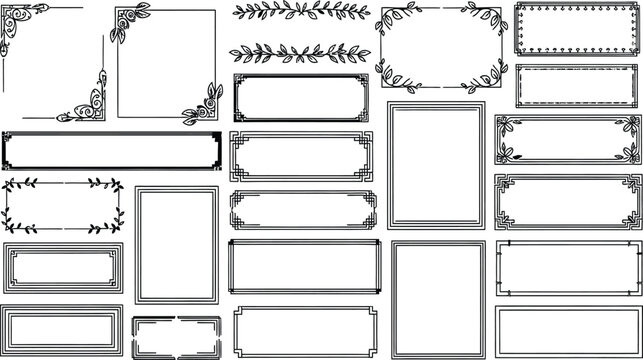 Black decorative frame collection, floral and geometric border designs, elegant square and rectangular templates, vector illustration set, isolated on white background