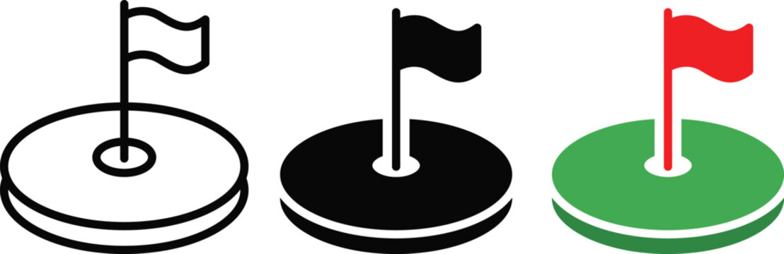 Golf Flag Icon Set in Outline Glyph and Flat Style for Sports Course and Location Design