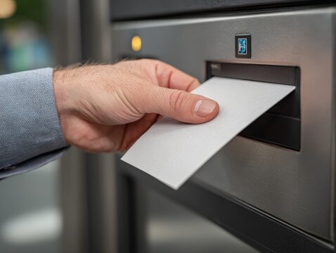 Close up of human hand taking paper queue ticket from automated kiosk machine