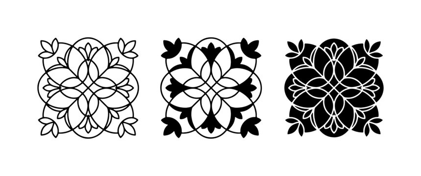 Elegant Floral Mandala Ornaments, Decorative Vector Patterns, Intricate Geometric Designs, Black and White Elements