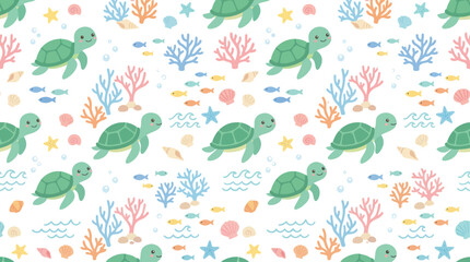 Fototapeta premium Cute Cartoon Sea Turtle Pattern, Underwater Marine Life Background, Flat Style