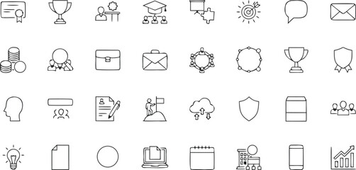 Fototapeta premium Business and Achievement Line Icon Vector Collection Featuring Trophy, Graduation, Leadership, Communication, and Success Symbols for Corporate Designs