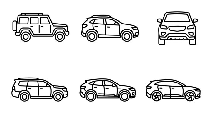 Modern SUV Icons, Compact Crossover Vector Graphics, Off-Road Vehicle Line Art, Urban Explorer Auto Set