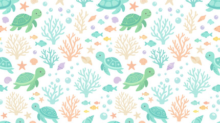 Fototapeta premium Cute Cartoon Ocean Marine Life Seamless Pattern with Flat Sea Turtles, Coral, Fish, and Shells for Children