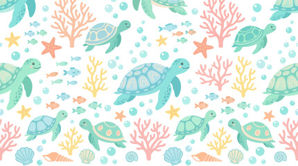 Obraz premium Cute Cartoon Sea Turtles, Fish, Coral, and Starfish Underwater Seamless Pattern Vector Illustration