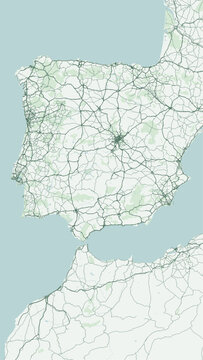 Modern minimalist vector map of Spain, Portugal, and Morocco. High-quality scalable illustration of Iberian Peninsula, North Africa borders, Strait of Gibraltar, Mediterranean for posters and design.