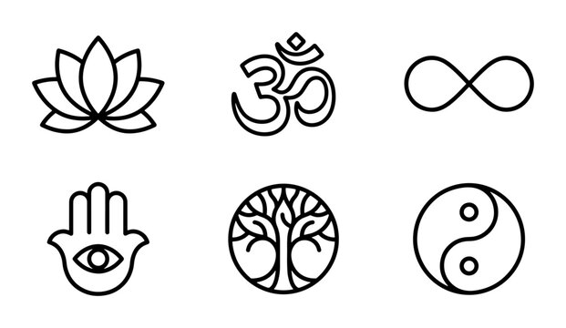 Spiritual Symbols Collection: Lotus, Om, Infinity, Hamsa, Tree of Life, Yin Yang Icons. Zen, Yoga, Meditation Graphics.