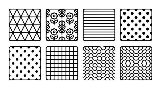 Geometric Patterns Vector Set: 8 Abstract Black and White Textures for Design, Decorative Backgrounds, and Graphic Elements