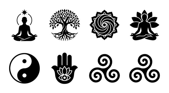 Spiritual Symbols Collection: Yoga, Tree of Life, Mandala, Hamsa, Yin Yang, Triskelion Icons