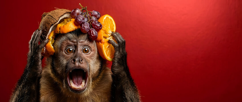 Funny shocked monkey wearing tropical fruit hat made of coconut, orange and grapes, cute screaming ape portrait on bright red background