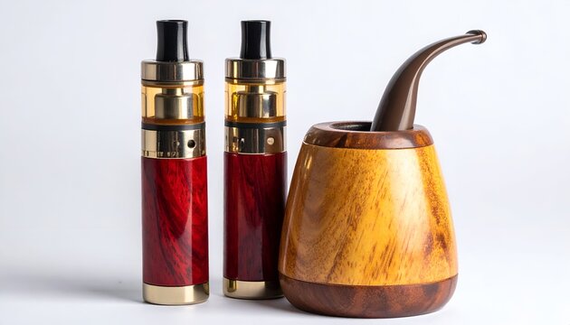 Two vapes and a pipe stand with a pipe in it against white background