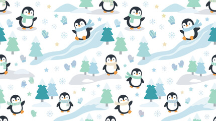 Obraz premium Cute Penguin Winter Pattern - Flat Vector Illustration for Kids
