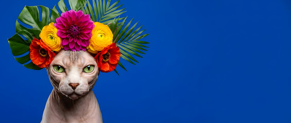 Naklejka premium Sphynx cat wearing beautiful summer flowers crown with dahlia and poppy on blue background banner