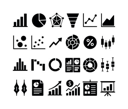 Data Visualization Analytics. Solid glyph icon set of data visualization and analytics charts: bar chart, pie chart, radar chart, funnel chart, line graph, area chart, bubble chart, scatter plot,