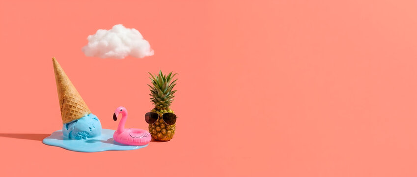 Melting blue ice cream cone look like pool with pink flamingo floatie near pineapple in sunglasses under cloud, hot summer vacation concept