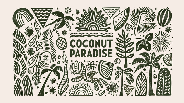 tropical botanical illustration with coconuts palm leaves and flowers in a dense monochromatic arrangement
