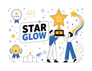 Naklejka premium Star Shine Awards. Clean editorial banner scene about sparkle, glow, awards, and magical shine with two geometric characters holding an oversized star trophy and shooting star ribbon, burst shapes,