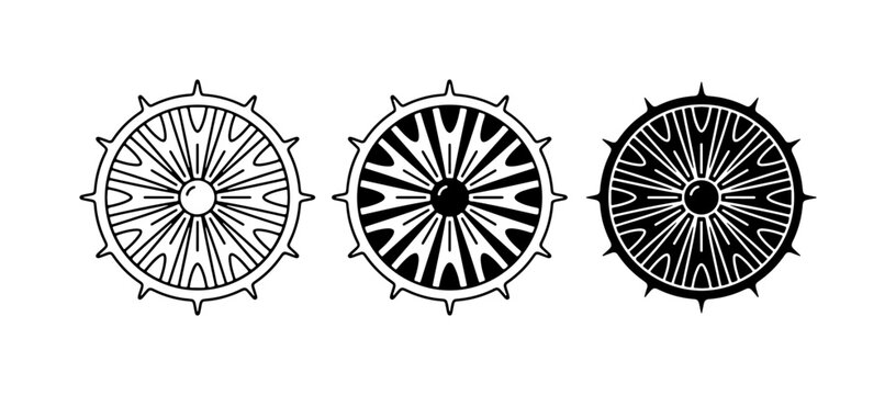 Dharma Chakra Symbols, Buddhist Wheel of Law Icons, Spiritual Vector Graphics, Black and White Designs