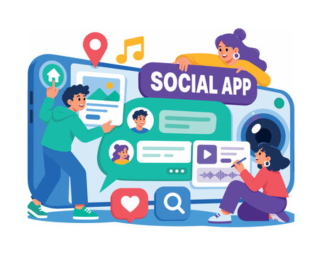 Social Media Interface banner with two app designers and one content creator arranging an oversized smartphone and giant chat bubble across the full canvas, home button touching left edge, camera lens