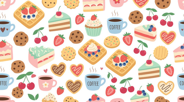 Flat Vector Seamless Pattern of Sweet Breakfast  Dessert Food: Waffles, Cakes, Cookies, Coffee, Strawberries
