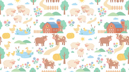 Fototapeta premium Cute Farm Animals Seamless Pattern Vector - Sheep, Cows, Ducks, Barns, Nature Art