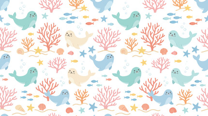 Obraz premium Cute Seamless Pattern with Cartoon Seals, Corals, and Fish, Flat Style