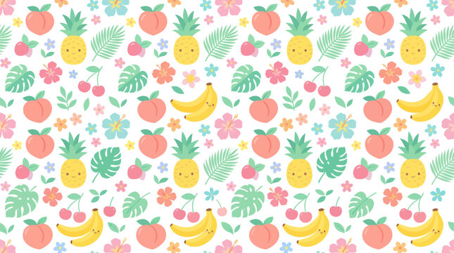 Cute Kawaii Tropical Fruits Pattern, Flat Vector Illustration