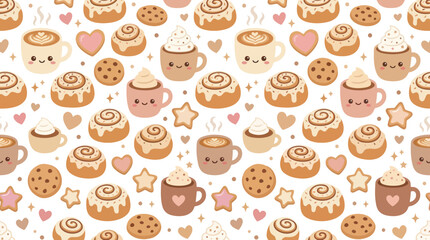 Fototapeta premium Cute Cartoon Bakery Food Seamless Pattern with Kawaii Coffee, Hot Chocolate Mugs, Cinnamon Rolls Cookies