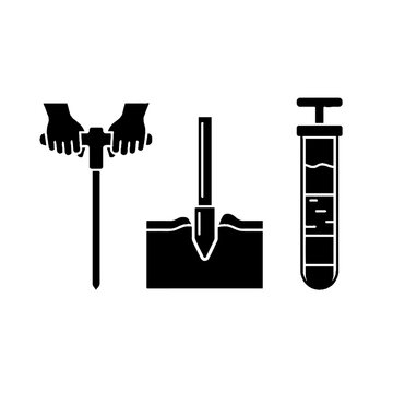 Soil sampling and analysis icons set for agriculture and environmental testing.