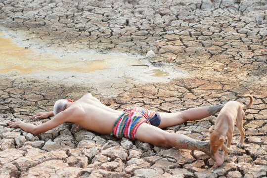 Victim of Drought: A lone figure lies prostrate on cracked, dry earth, accompanied by a dog, a stark depiction of the devastating impact of drought and water scarcity.