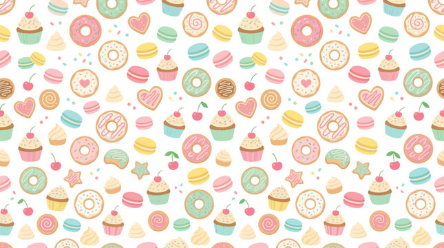 Cute Kawaii Pastry Pattern: Donuts, Cupcakes, Macarons, Cookies Vector