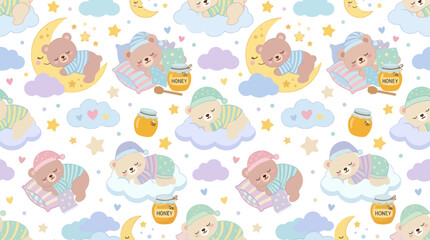 Obraz premium Cute Sleeping Bears on Clouds Moon Cartoon Vector Seamless Pattern for Baby Nursery Textiles
