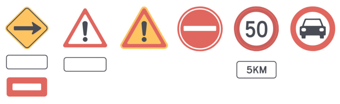 Collection of road traffic signs including a right turn arrow warning triangles no entry symbol speed limit fifty sign and car prohibition with rectangular text boxes on white background