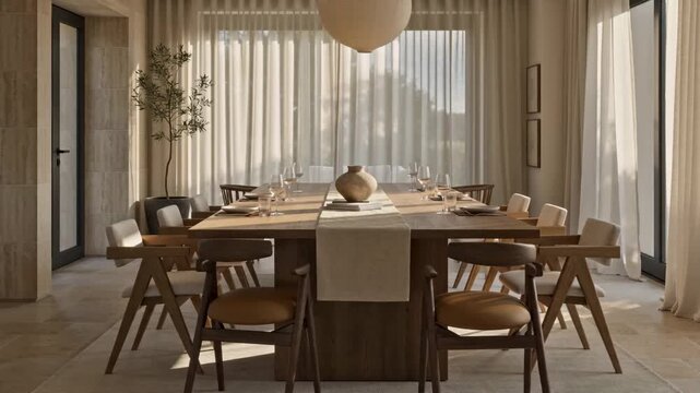 Elegant Modern Dining Room Interior Design with Wooden Table, Chairs, and Sheer Curtains in