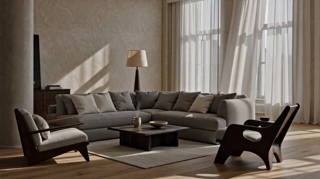 Minimalist Modern Living Room Interior with Corner Sofa, Organic Wooden Furniture, and Warm Sunlight