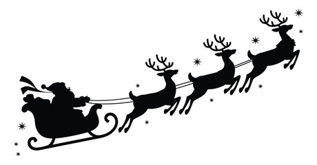 Black silhouette of santa claus sitting in a sleigh pulled by three flying reindeer with antlers and scattered star shapes on a white background for christmas holiday © Jibit