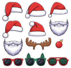 Festive Christmas Costume Set: Collection of Santa hats, fluffy white beards, reindeer antlers, red ornaments, and striped holiday sunglasses with tree decorations. christmas accessories. © Jibit