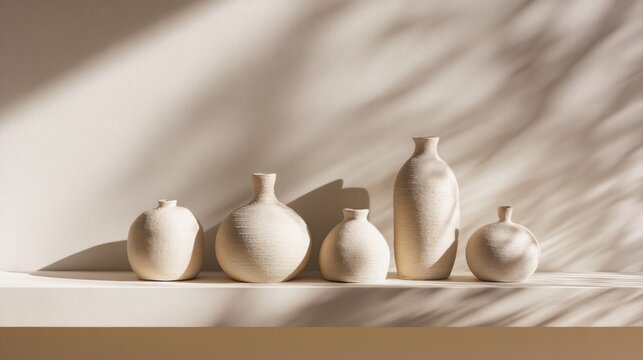 handmade ceramic vases imperfect shapes shelf decor soft shadows natural light minimal interior aesthetic