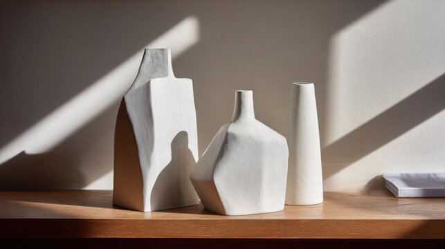 handmade ceramic vases imperfect shapes shelf decor soft shadows natural light minimal interior aesthetic