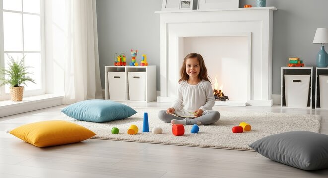 Interno domestico accogliente con luce naturale, cuscini soffici sul pavimento e giochi colorati sparsi, atmosfera di pura allegria e calore, cheerful, leisure, toys