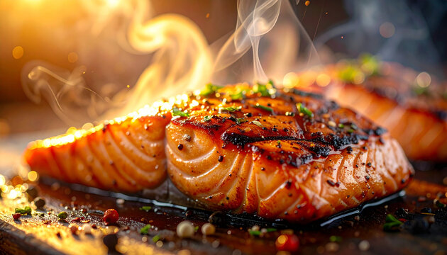 Juicy grilled salmon steak with caramelized edges smoky aroma garnished with herbs pepper and spices close up macro shot warm lighting delicious and appetizing