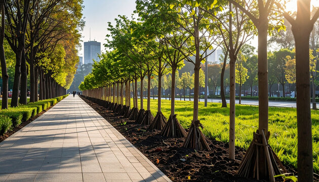 Young tree urban relocation project bundled sapling pedestrian walkway morning sunlight city park. Young tree urban relocation project with bundled saplings lined beside pedestrian walkway morning