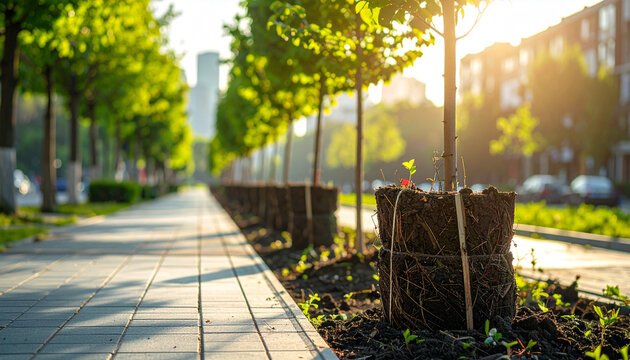 Urban tree relocation project bundled sapling pedestrian walkway sunlight cityscape. Urban tree relocation project with bundled saplings lined beside pedestrian walkway sunlight filtering through