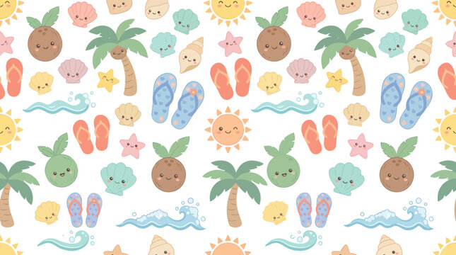 Cute Kawaii Summer Beach Vacation Pattern. Flat vector illustration of tropical coconuts, palm trees, flip-flops, seashells, and suns.