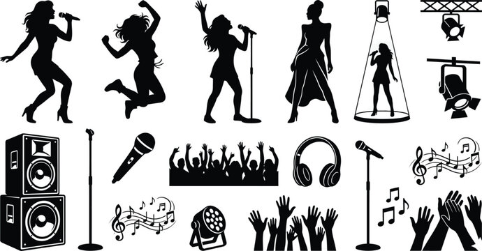 Music concert silhouette icons set with singers and stage lights