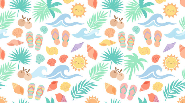 Summer Tropical Pattern: Beach, Sun, Waves, Palms, Flip Flops, Shells, Flat Art
