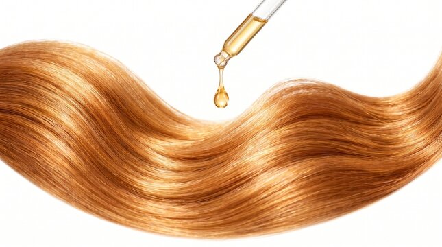 Gota de aceite cosm&eacute;tico cayendo de una pipeta sobre cabello rubio brillante. Concepto de tratamiento capilar y fondo blanco con espacio para texto.